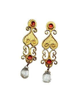 Vintage Gold Tone Earring Dangles Drops Red Clear Glass Stones Ornate Design